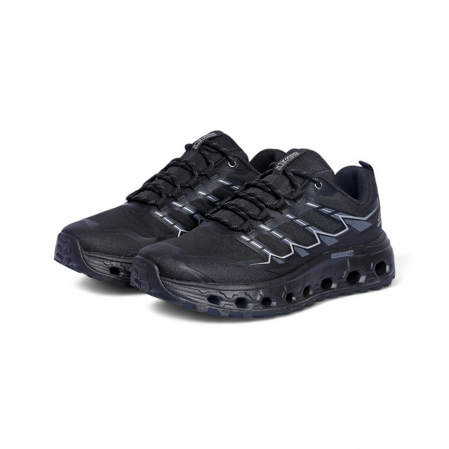 Black athletic shoes with gray accents on a white background