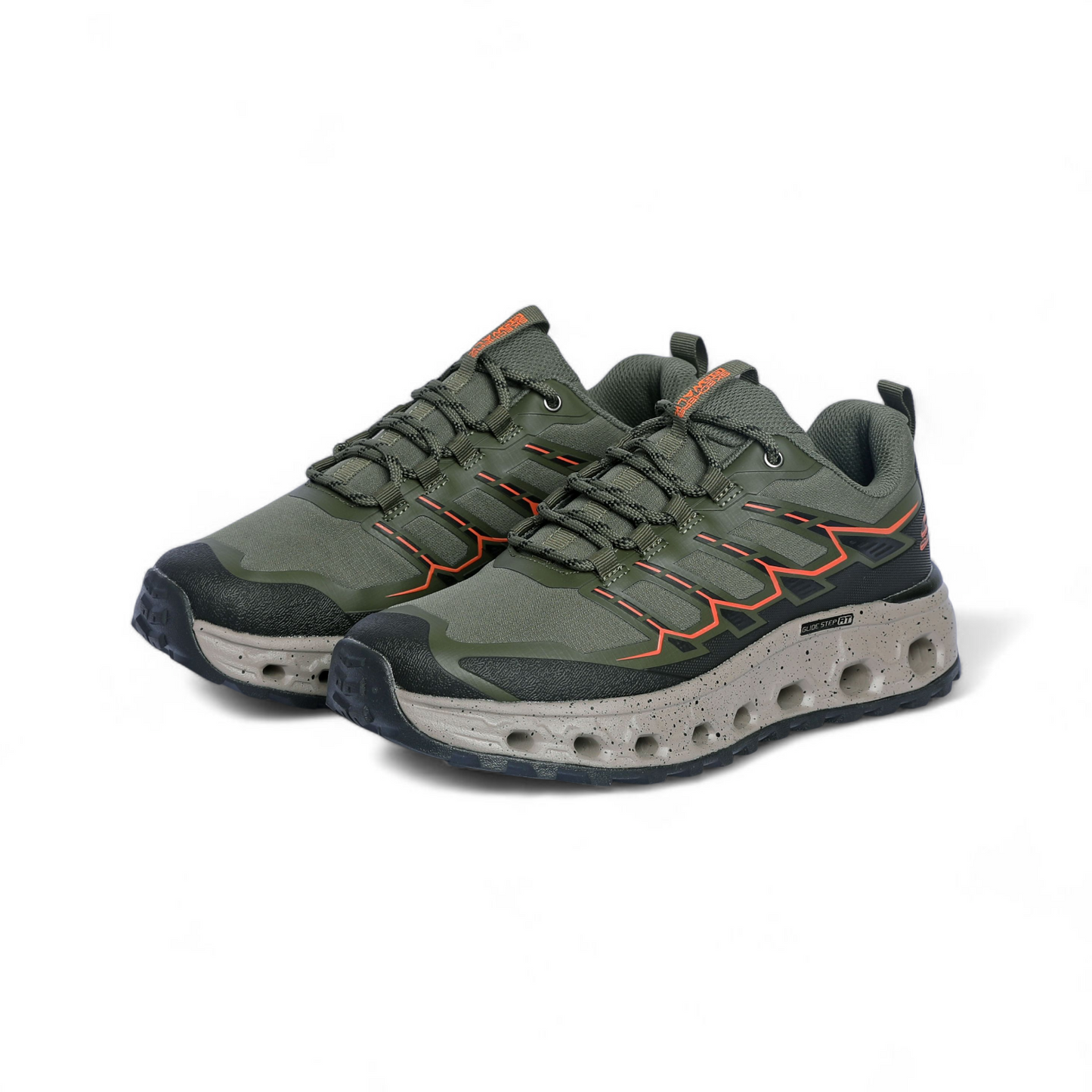 Green hiking shoes with orange accents on a white background