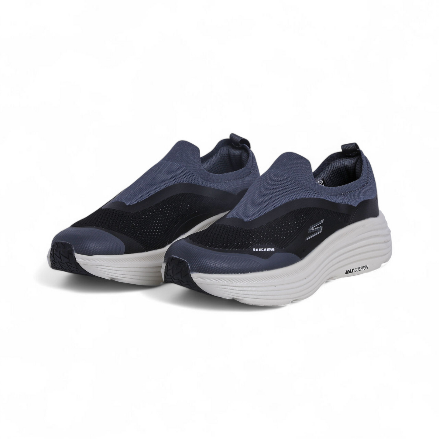 Pair of navy blue and black Skechers shoes on a white background