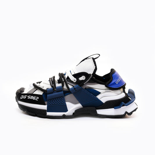 White, black, and blue sneaker with brand logo on a white background